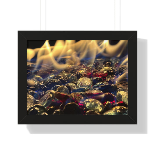 Backyard Fire Framed Horizontal Poster, Glass and Fire Print, Colorful Flame Framed Print