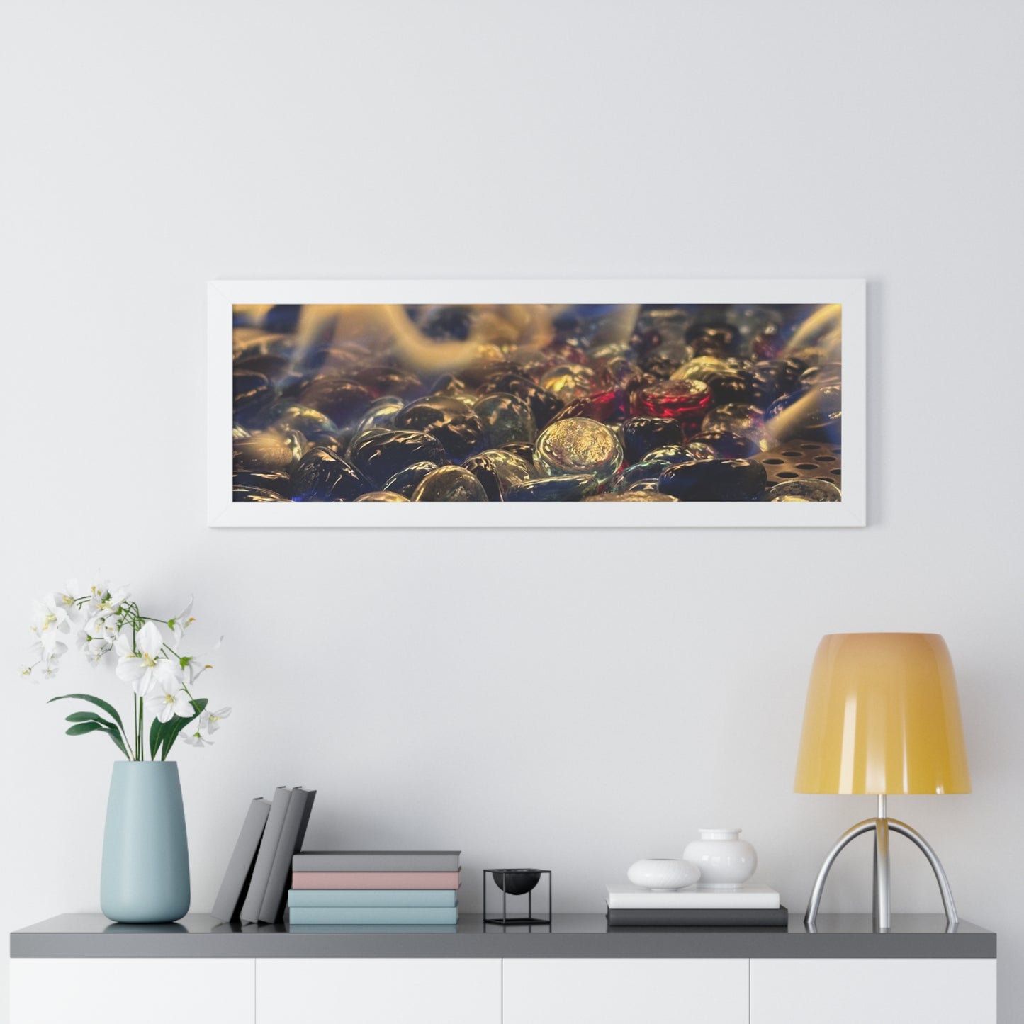 Backyard Fire Framed Horizontal Poster, Glass and Fire Print, Colorful Flame Framed Print