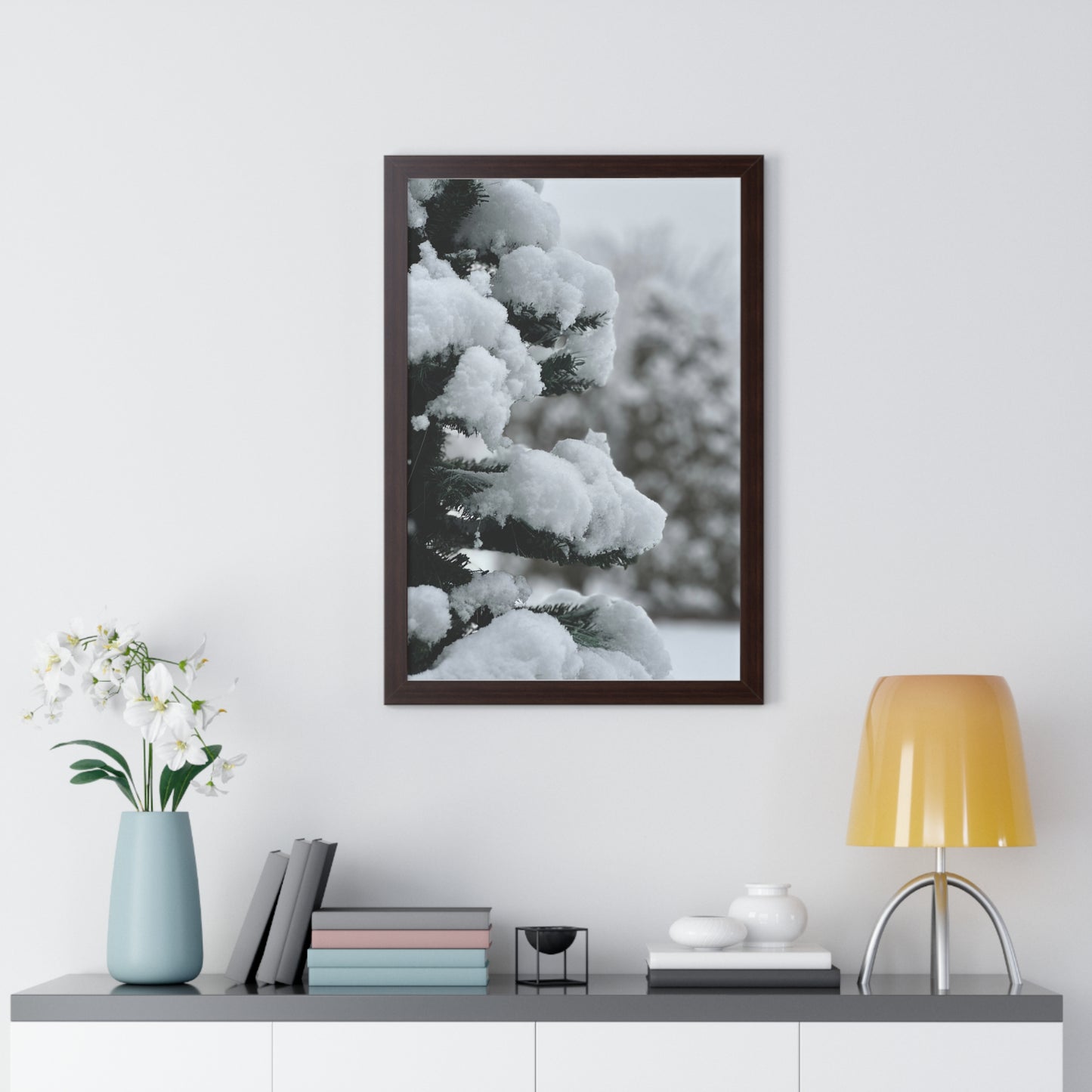 Winter Pine Tree Framed Vertical Poster, Snow on Balsam Tree Print, Winter Snow Scene Framed Print