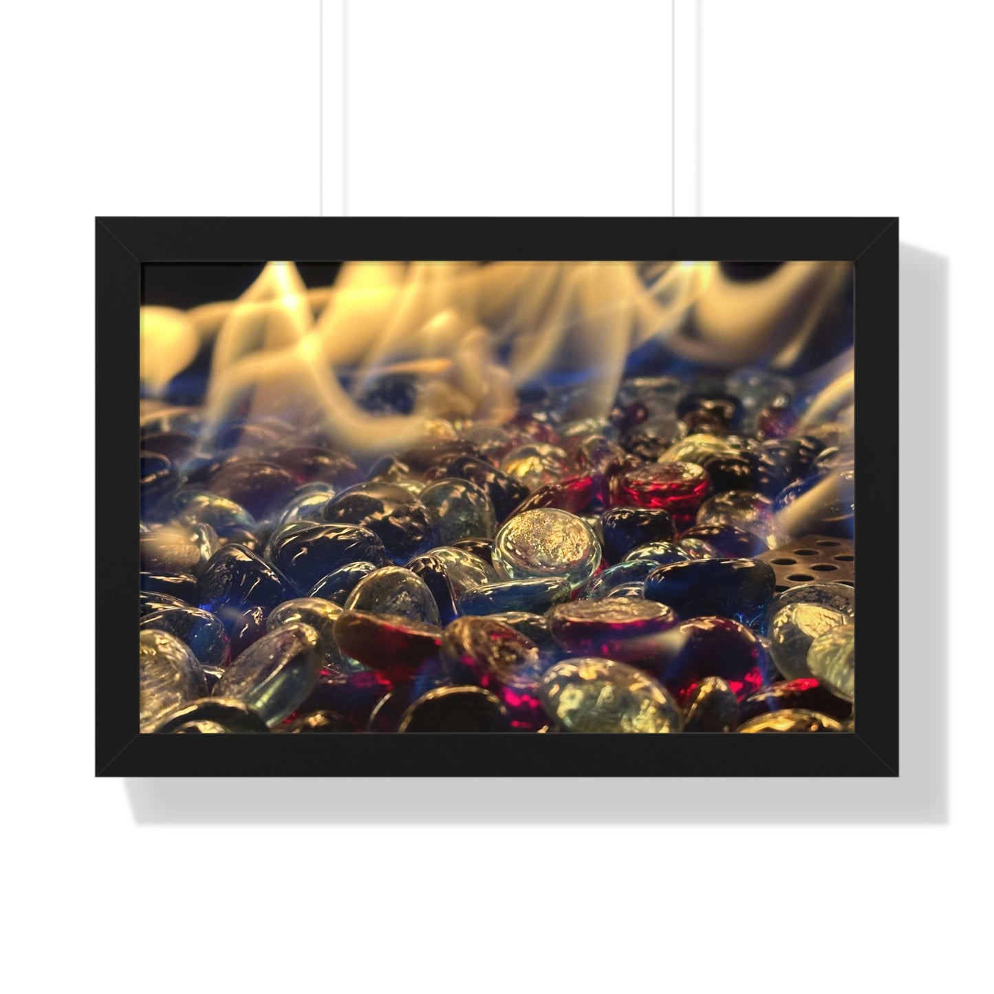 Backyard Fire Framed Horizontal Poster, Glass and Fire Print, Colorful Flame Framed Print