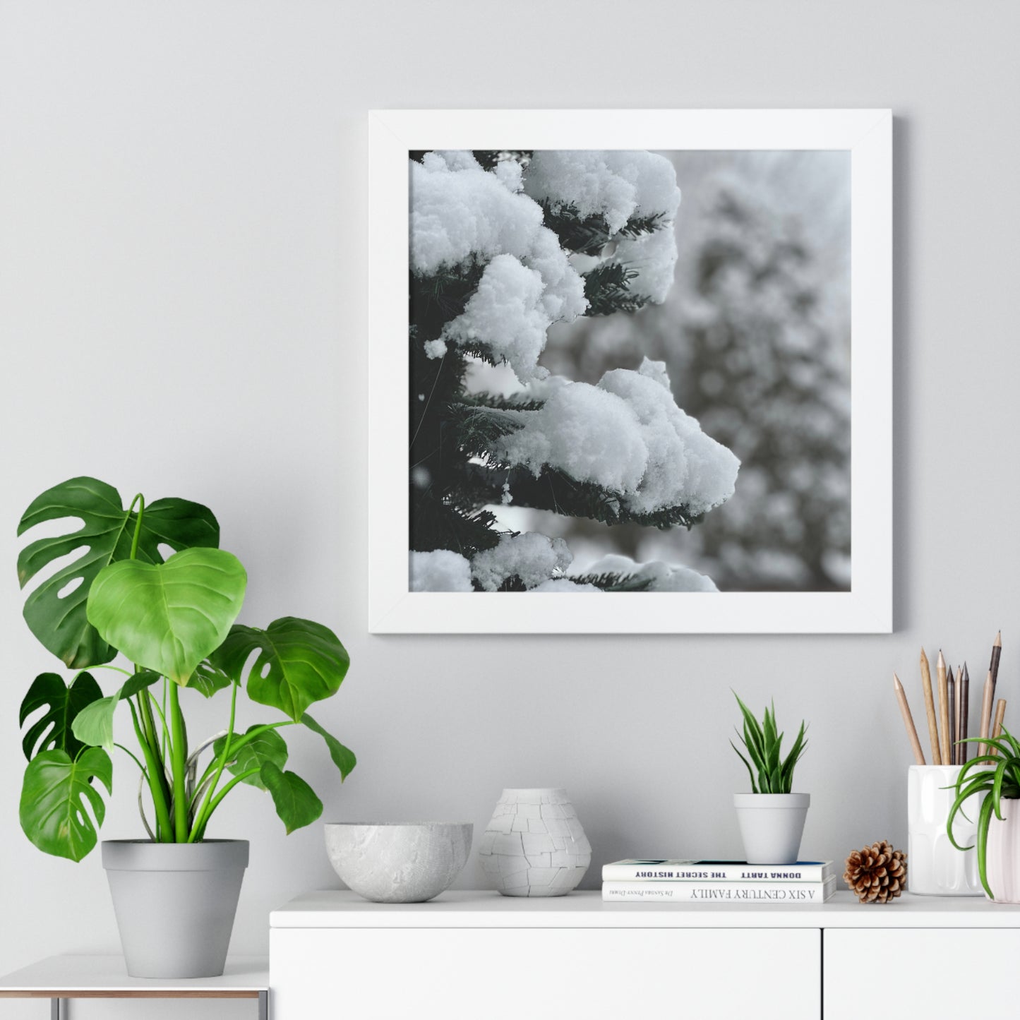 Winter Pine Tree Framed Vertical Poster, Snow on Balsam Tree Print, Winter Snow Scene Framed Print