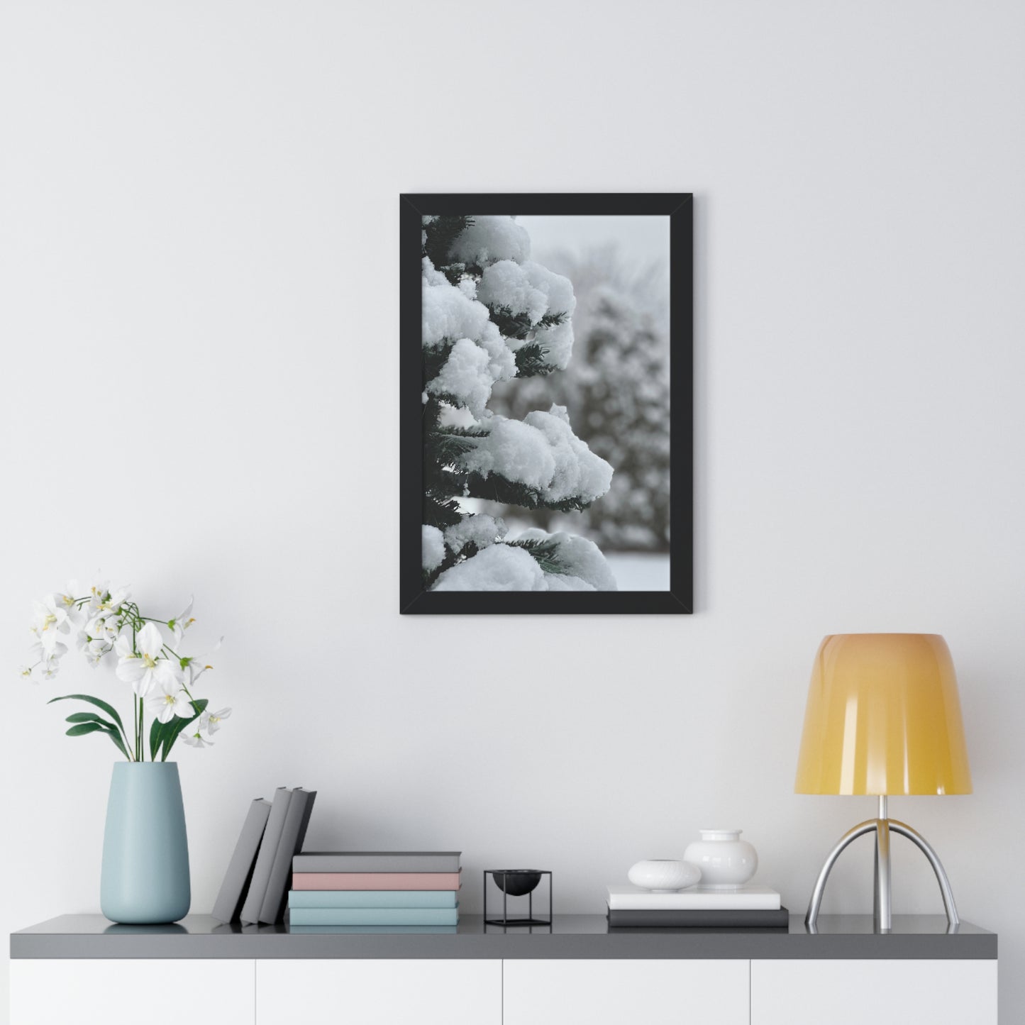 Winter Pine Tree Framed Vertical Poster, Snow on Balsam Tree Print, Winter Snow Scene Framed Print