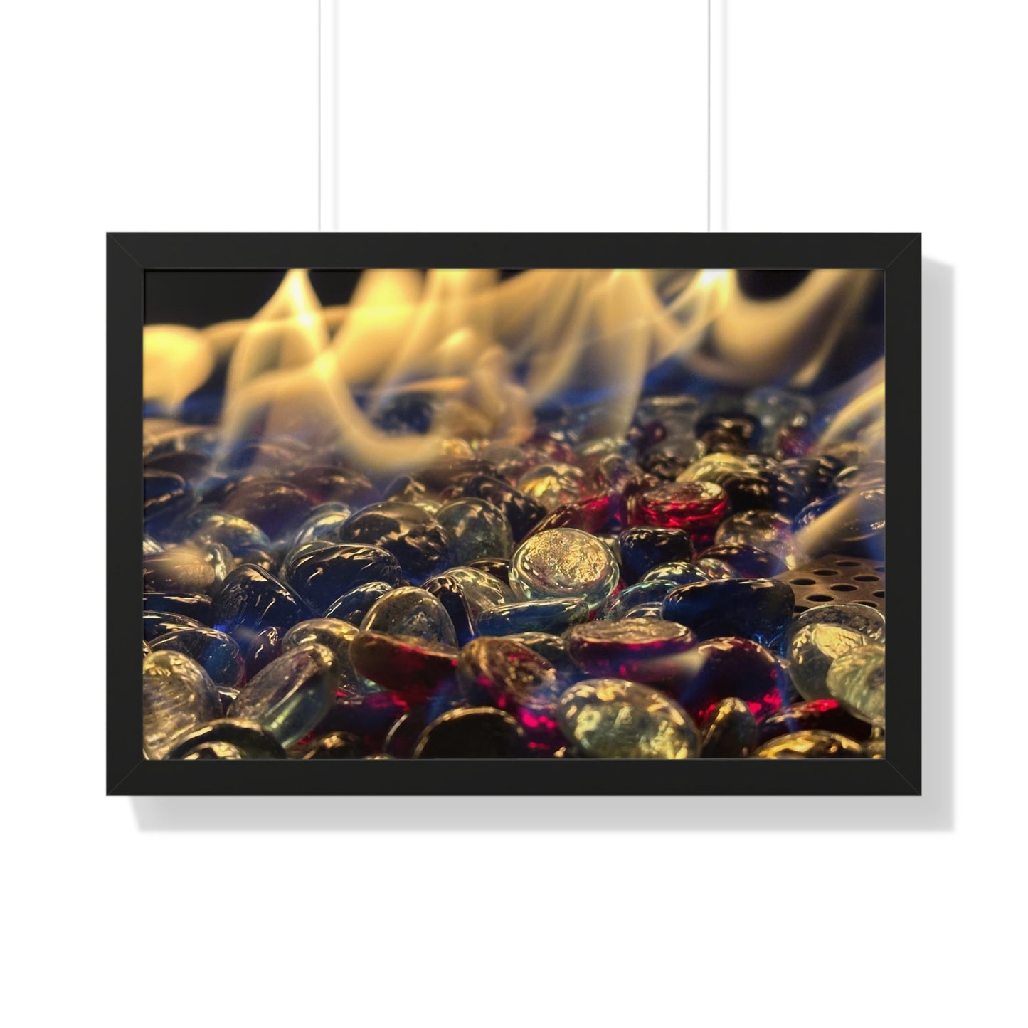 Backyard Fire Framed Horizontal Poster, Glass and Fire Print, Colorful Flame Framed Print