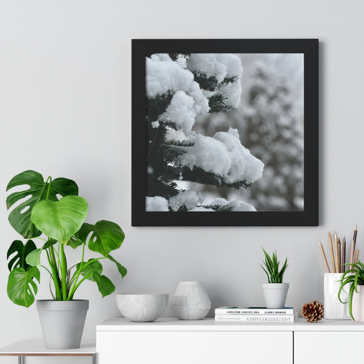 Winter Pine Tree Framed Vertical Poster, Snow on Balsam Tree Print, Winter Snow Scene Framed Print