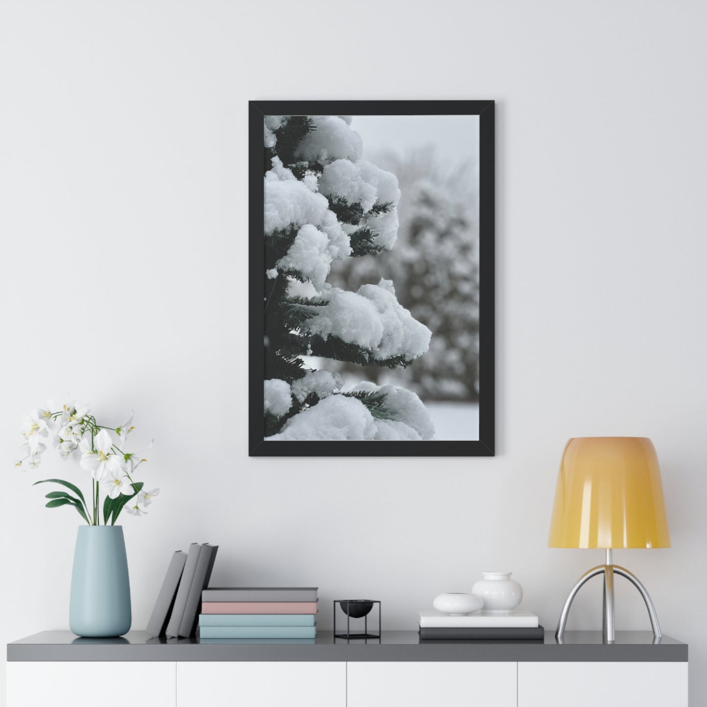 Winter Pine Tree Framed Vertical Poster, Snow on Balsam Tree Print, Winter Snow Scene Framed Print