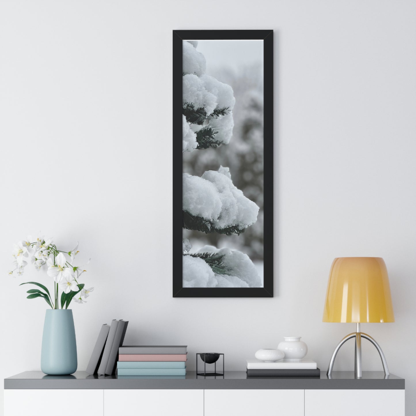 Winter Pine Tree Framed Vertical Poster, Snow on Balsam Tree Print, Winter Snow Scene Framed Print