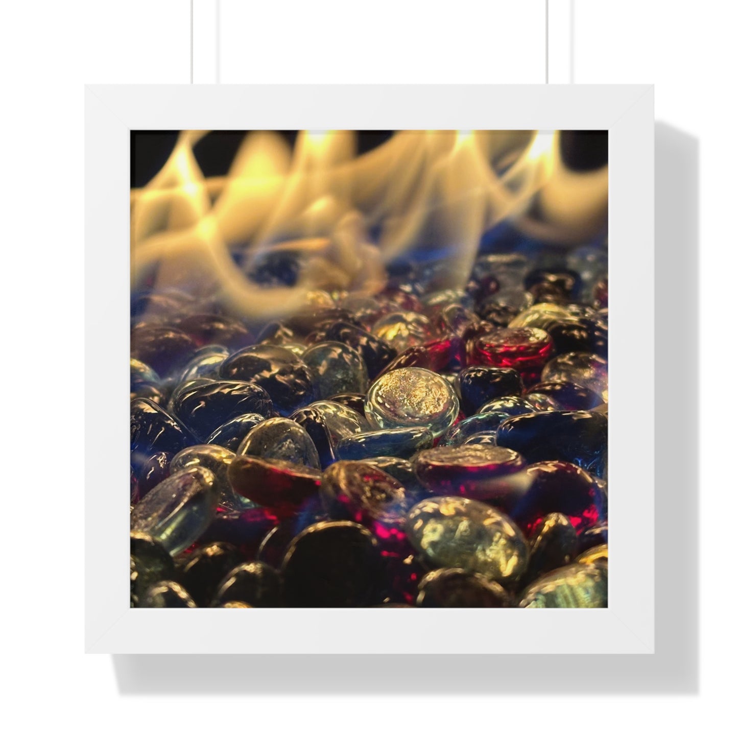 Backyard Fire Framed Horizontal Poster, Glass and Fire Print, Colorful Flame Framed Print