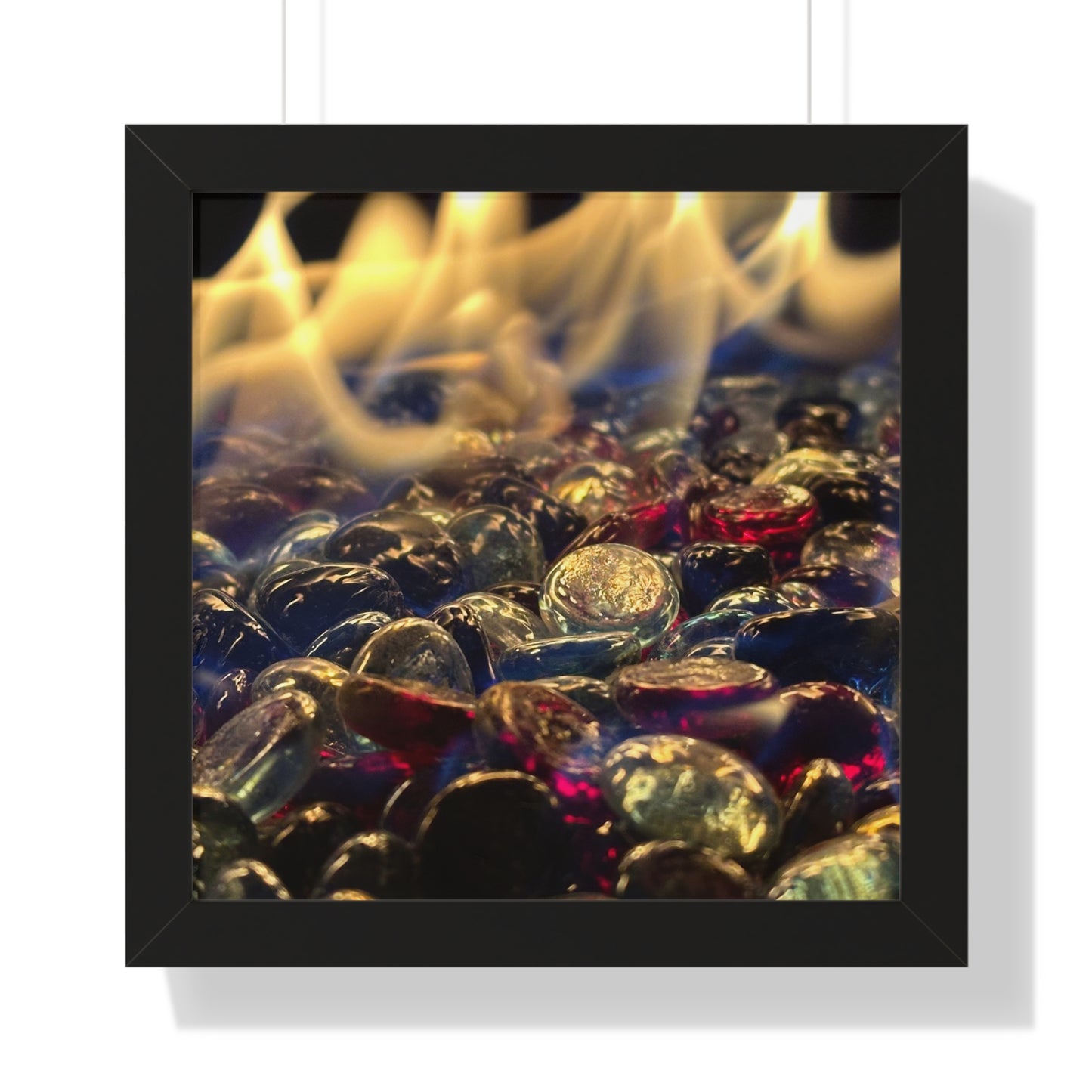 Backyard Fire Framed Horizontal Poster, Glass and Fire Print, Colorful Flame Framed Print