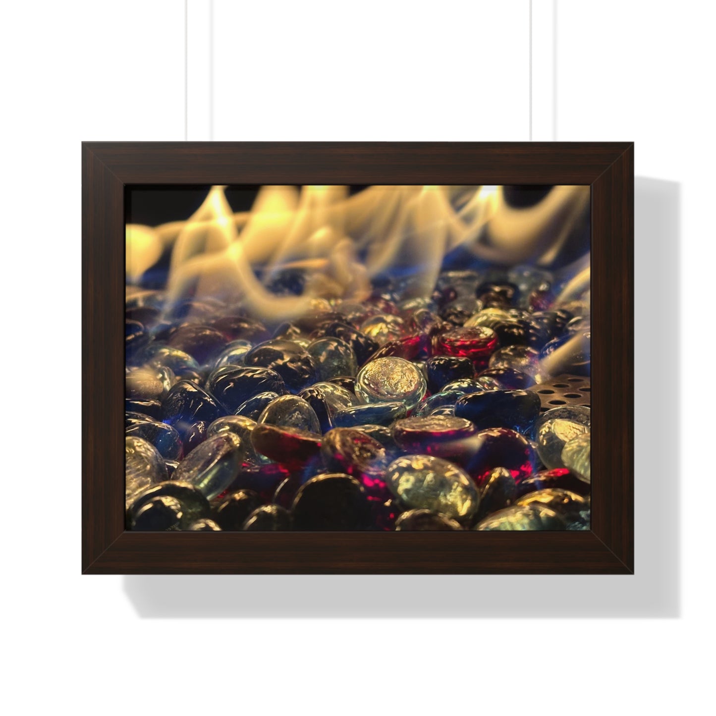 Backyard Fire Framed Horizontal Poster, Glass and Fire Print, Colorful Flame Framed Print