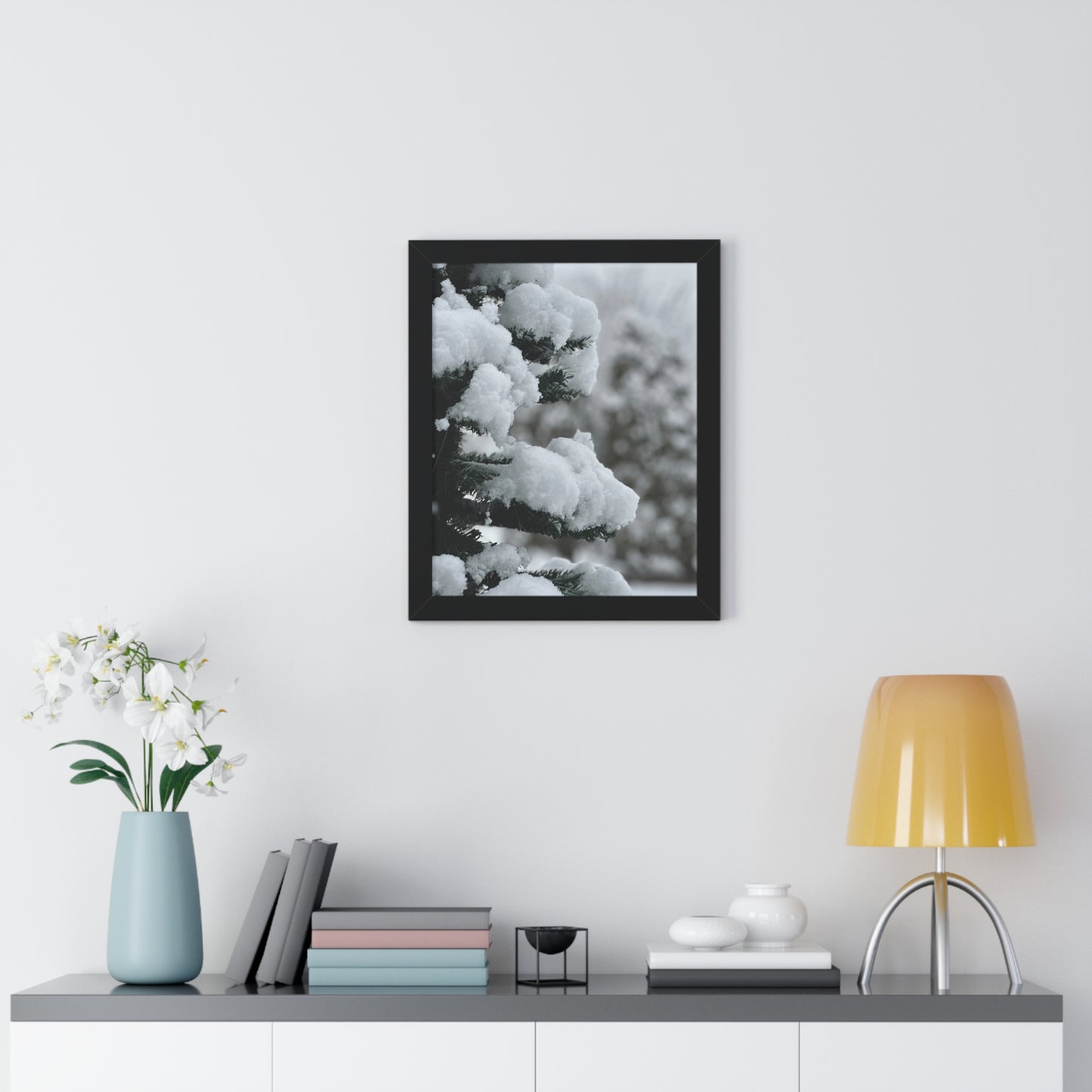 Winter Pine Tree Framed Vertical Poster, Snow on Balsam Tree Print, Winter Snow Scene Framed Print