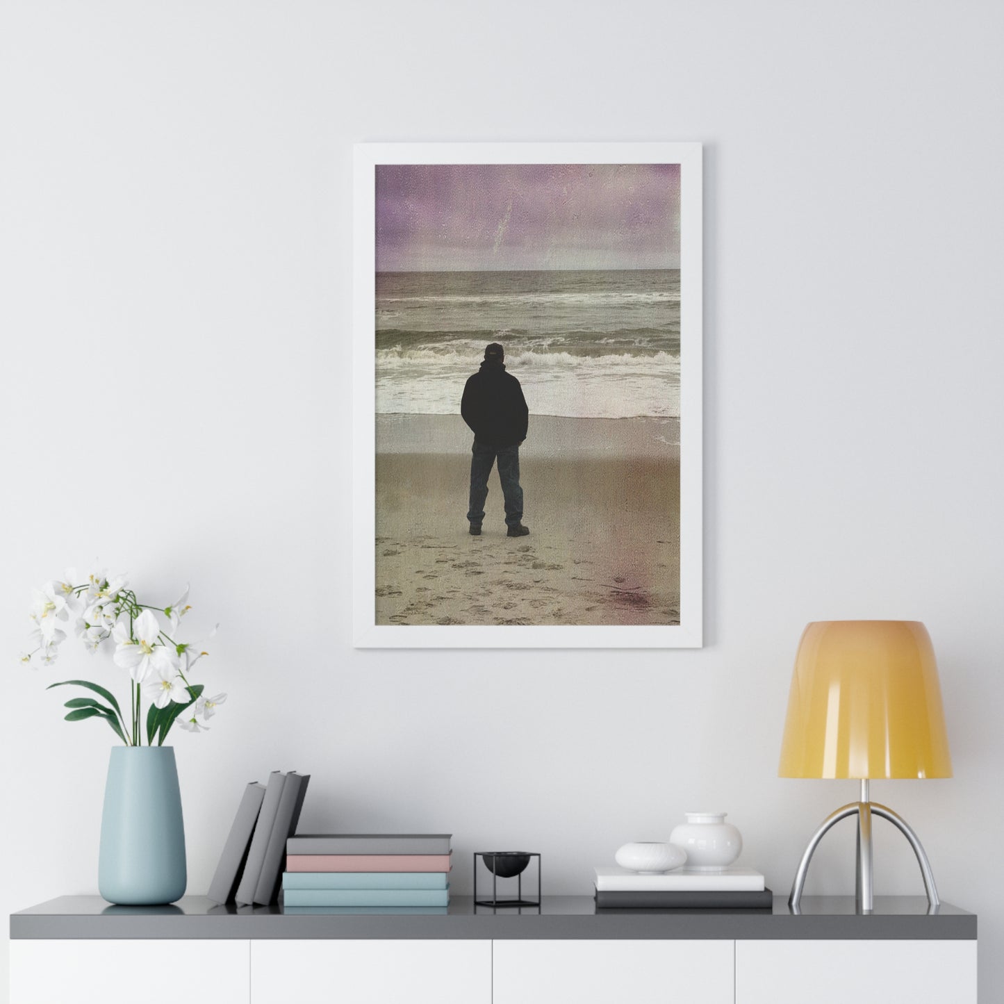 Retired Sailor Framed Vertical Poster, Ocean Beach Print, Calm Water Meditation Framed Poster