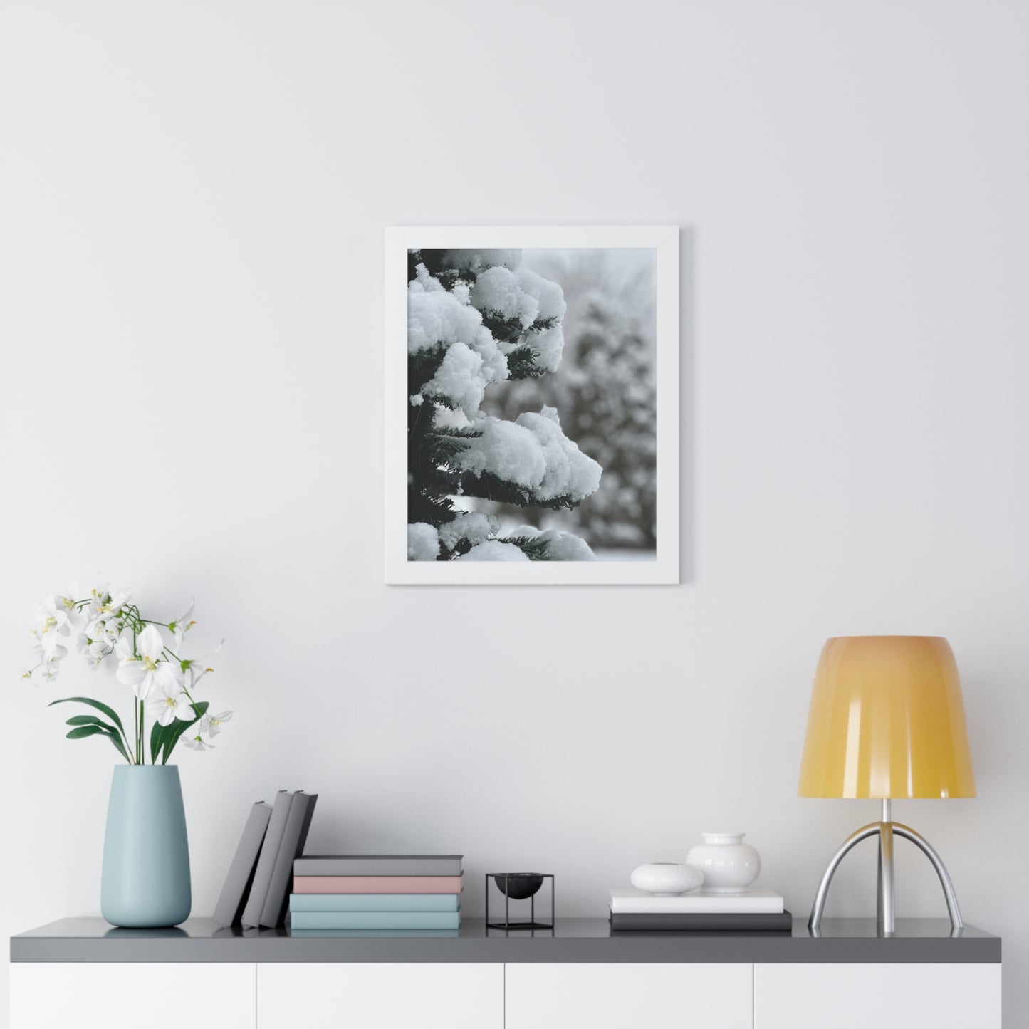 Winter Pine Tree Framed Vertical Poster, Snow on Balsam Tree Print, Winter Snow Scene Framed Print