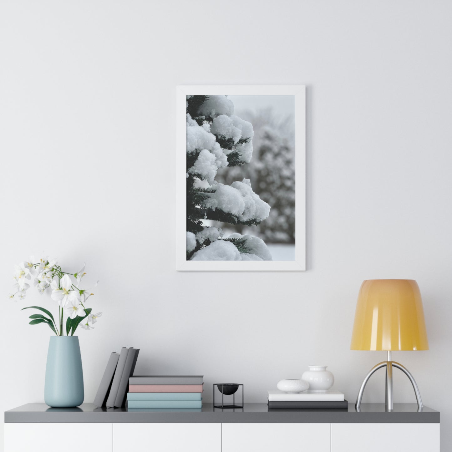 Winter Pine Tree Framed Vertical Poster, Snow on Balsam Tree Print, Winter Snow Scene Framed Print