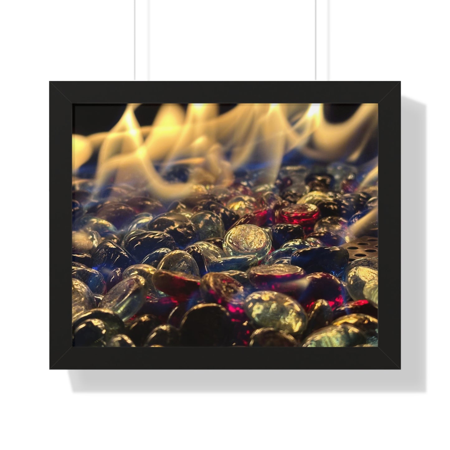 Backyard Fire Framed Horizontal Poster, Glass and Fire Print, Colorful Flame Framed Print