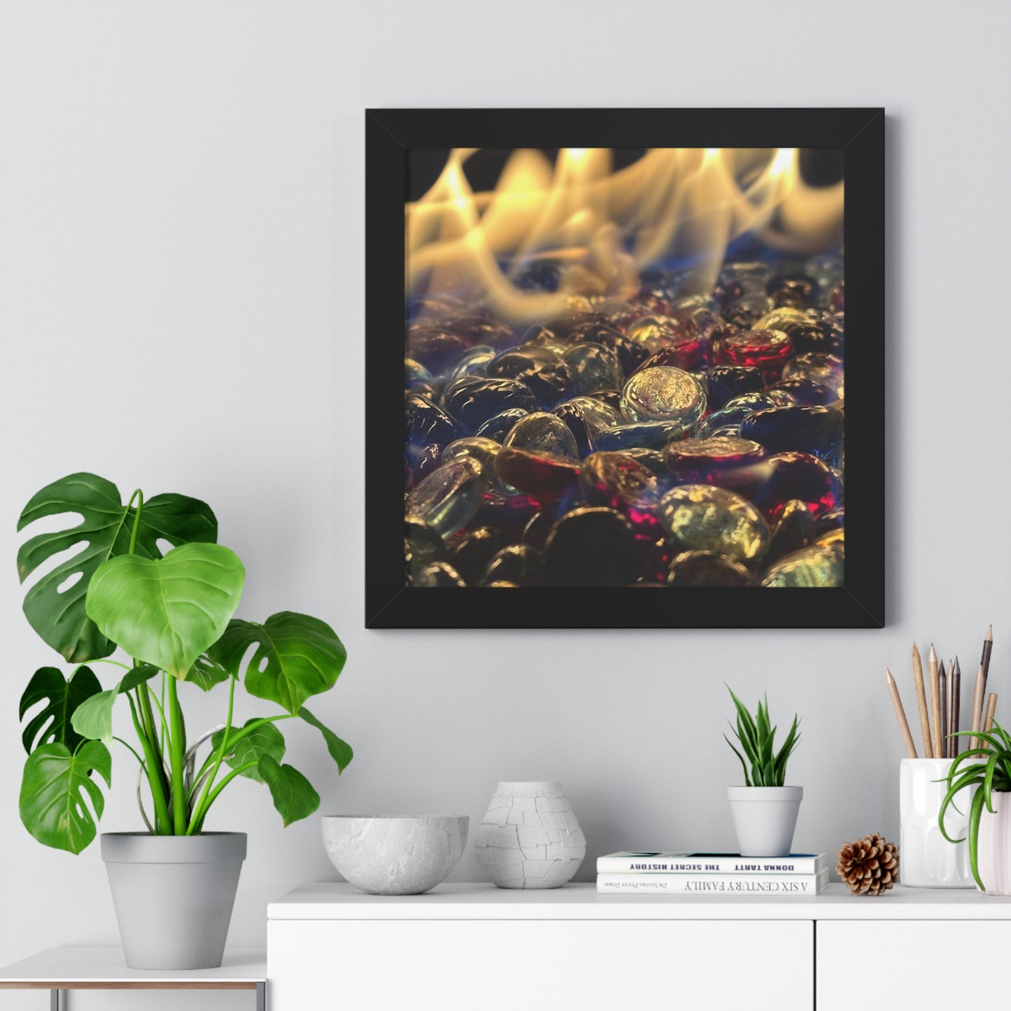 Backyard Fire Framed Horizontal Poster, Glass and Fire Print, Colorful Flame Framed Print