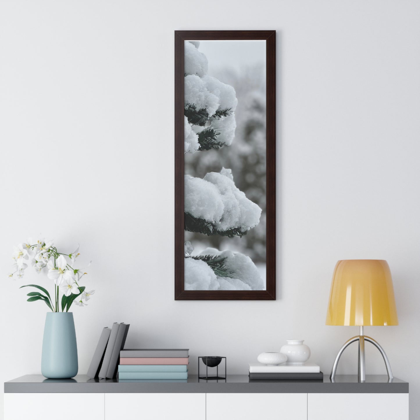 Winter Pine Tree Framed Vertical Poster, Snow on Balsam Tree Print, Winter Snow Scene Framed Print