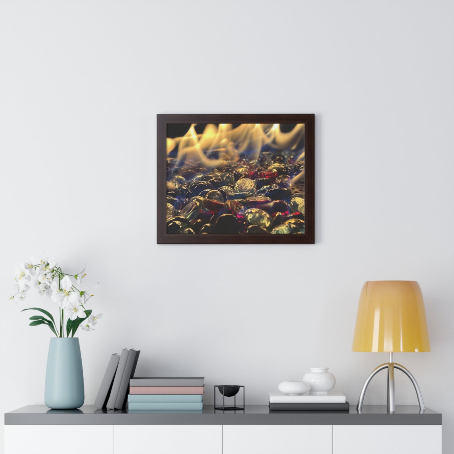 Backyard Fire Framed Horizontal Poster, Glass and Fire Print, Colorful Flame Framed Print