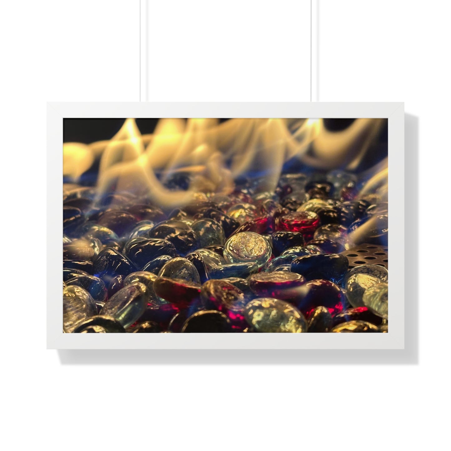 Backyard Fire Framed Horizontal Poster, Glass and Fire Print, Colorful Flame Framed Print