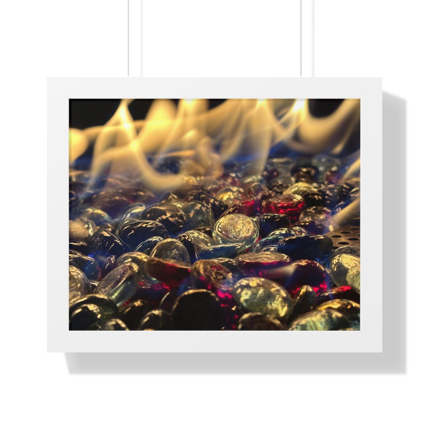 Backyard Fire Framed Horizontal Poster, Glass and Fire Print, Colorful Flame Framed Print