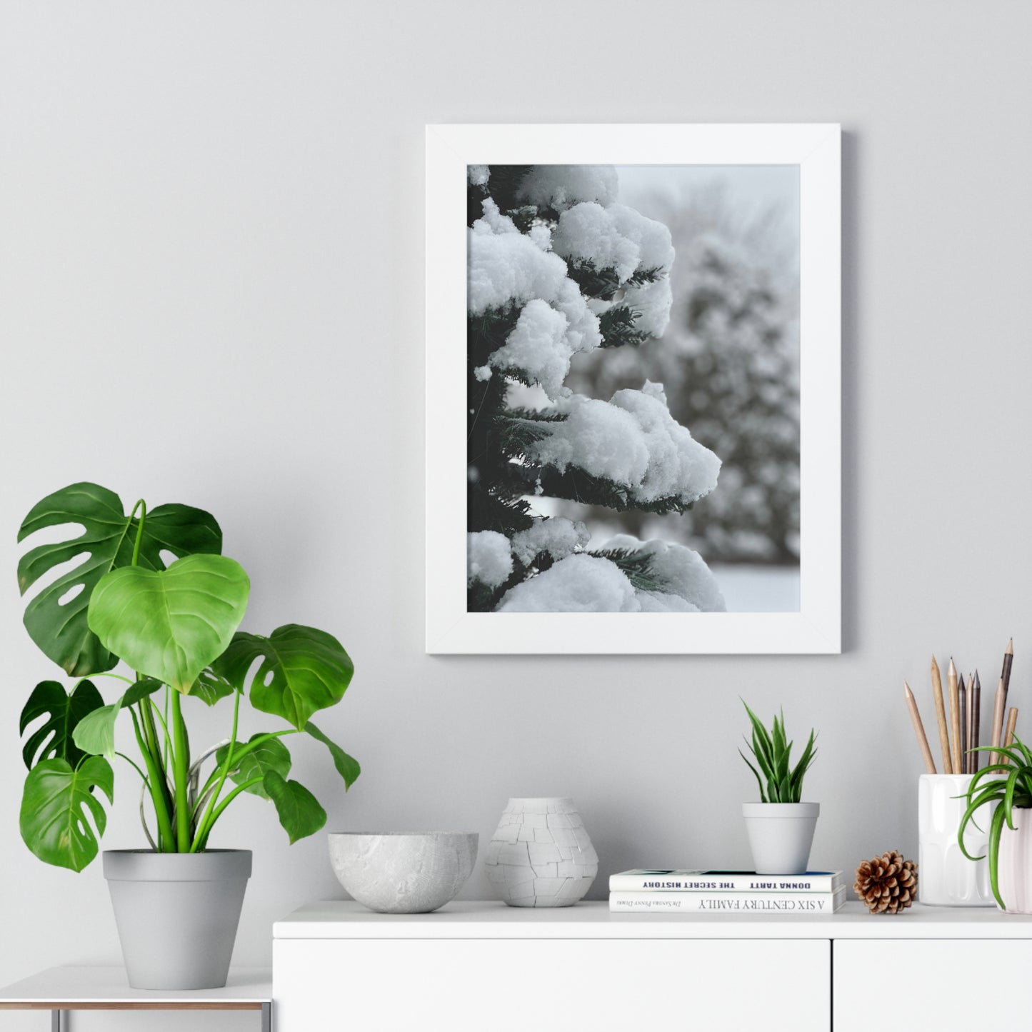 Winter Pine Tree Framed Vertical Poster, Snow on Balsam Tree Print, Winter Snow Scene Framed Print