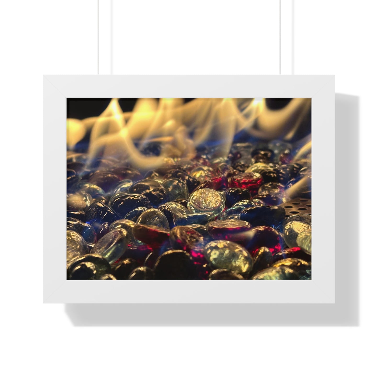 Backyard Fire Framed Horizontal Poster, Glass and Fire Print, Colorful Flame Framed Print