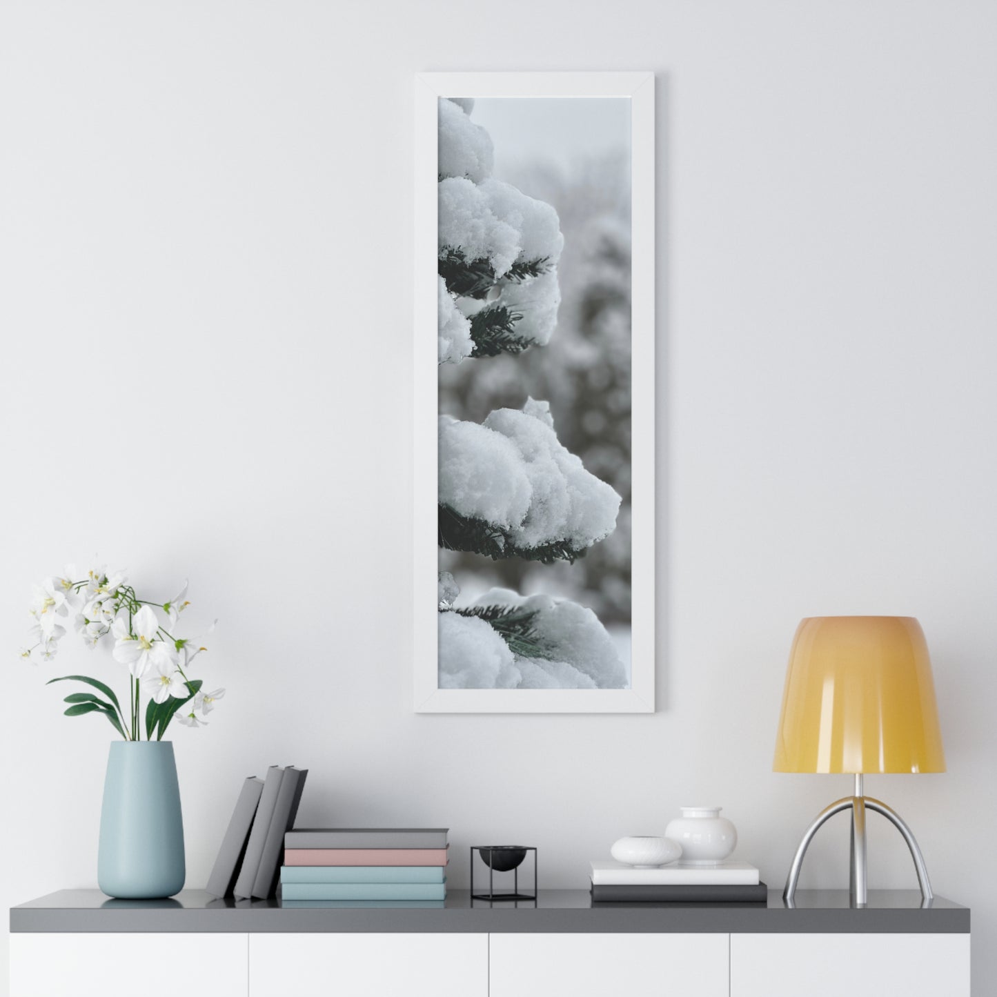 Winter Pine Tree Framed Vertical Poster, Snow on Balsam Tree Print, Winter Snow Scene Framed Print