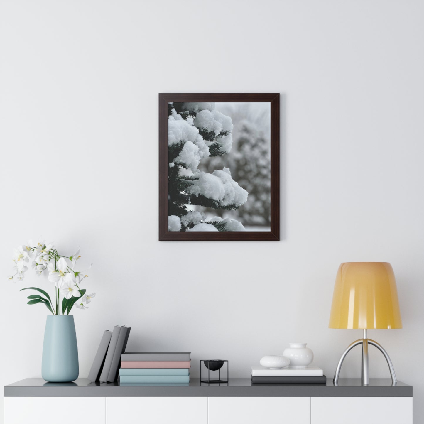 Winter Pine Tree Framed Vertical Poster, Snow on Balsam Tree Print, Winter Snow Scene Framed Print