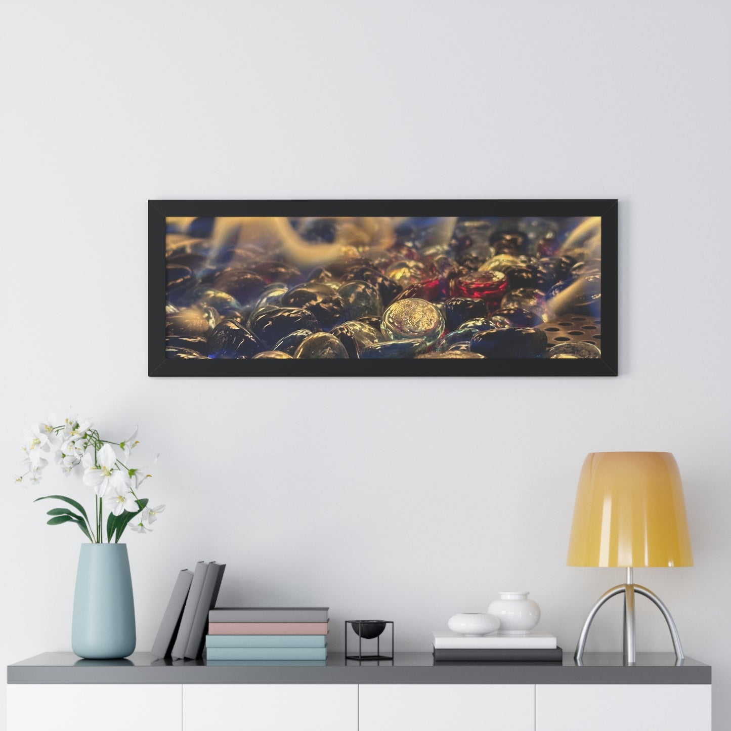 Backyard Fire Framed Horizontal Poster, Glass and Fire Print, Colorful Flame Framed Print