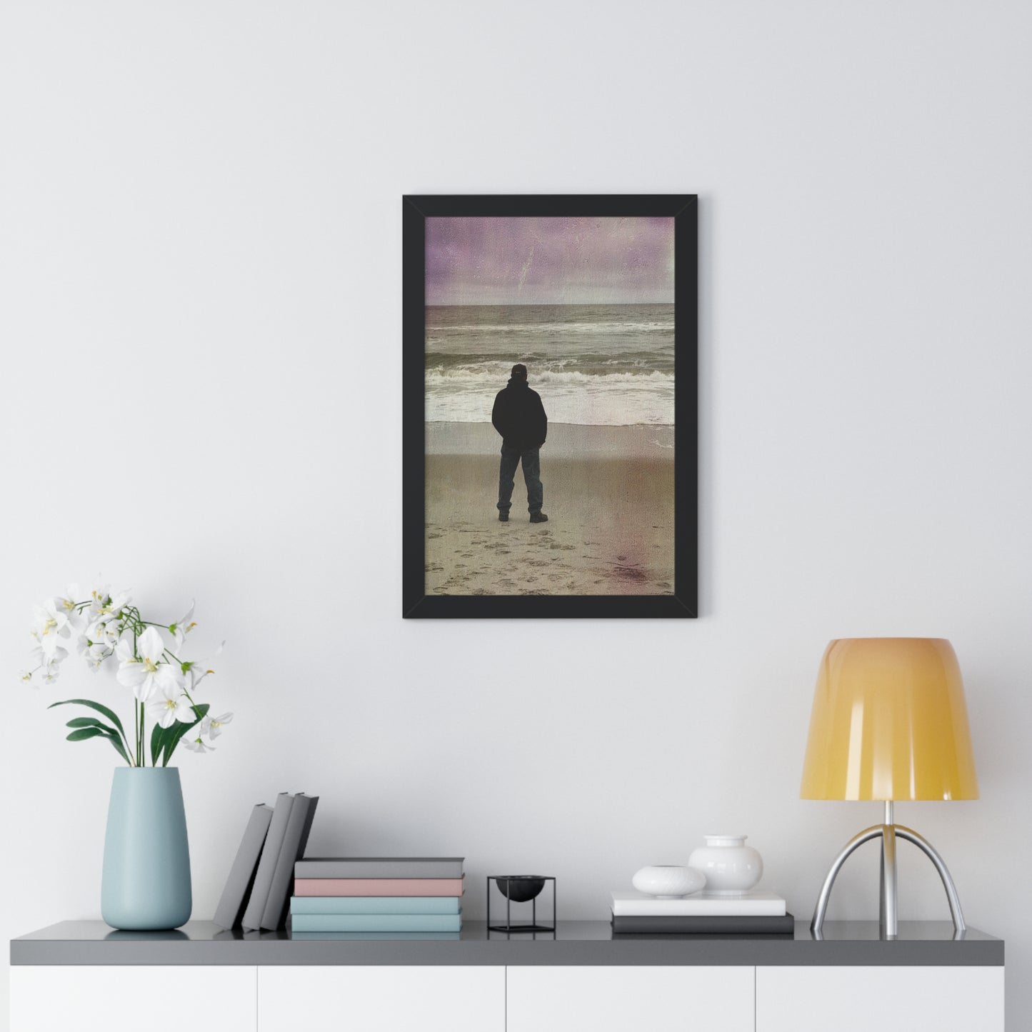 Retired Sailor Framed Vertical Poster, Ocean Beach Print, Calm Water Meditation Framed Poster