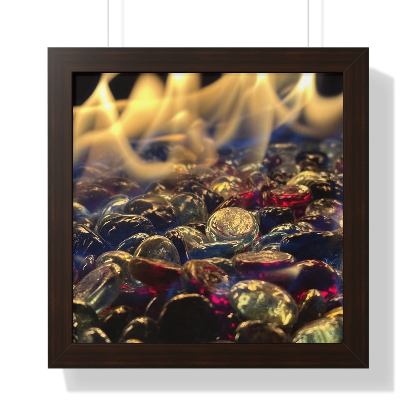 Backyard Fire Framed Horizontal Poster, Glass and Fire Print, Colorful Flame Framed Print