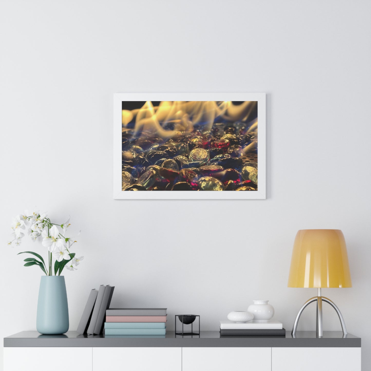 Backyard Fire Framed Horizontal Poster, Glass and Fire Print, Colorful Flame Framed Print