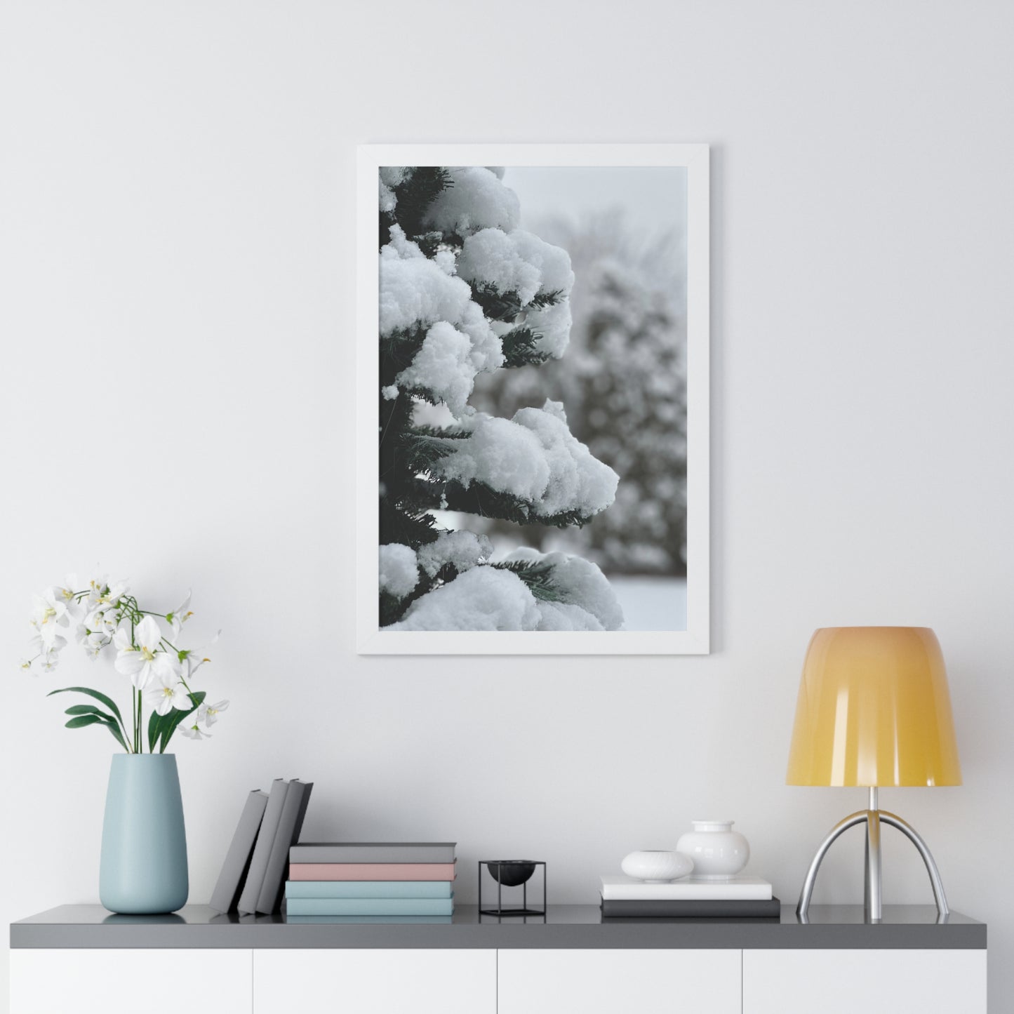 Winter Pine Tree Framed Vertical Poster, Snow on Balsam Tree Print, Winter Snow Scene Framed Print