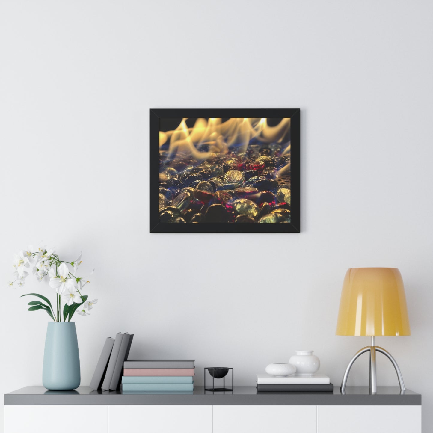 Backyard Fire Framed Horizontal Poster, Glass and Fire Print, Colorful Flame Framed Print