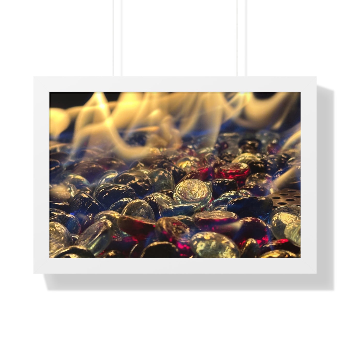 Backyard Fire Framed Horizontal Poster, Glass and Fire Print, Colorful Flame Framed Print