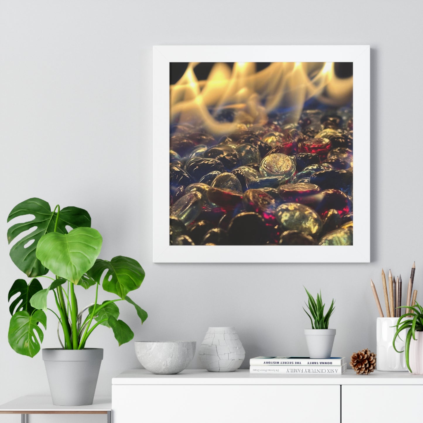 Backyard Fire Framed Horizontal Poster, Glass and Fire Print, Colorful Flame Framed Print