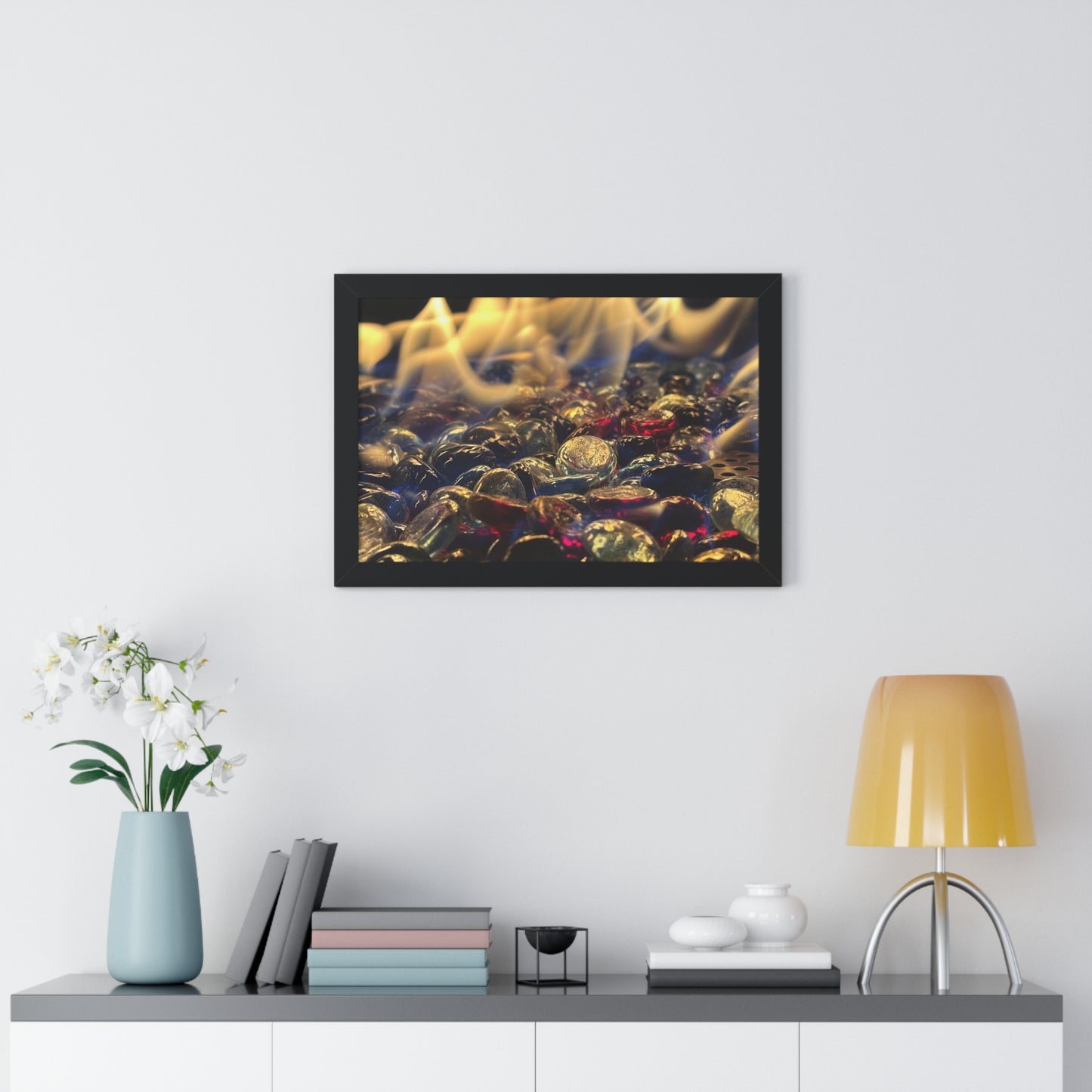 Backyard Fire Framed Horizontal Poster, Glass and Fire Print, Colorful Flame Framed Print